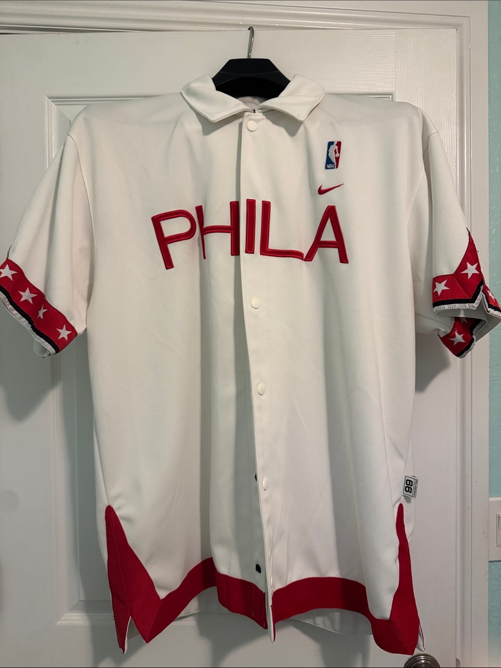 Nike Retro PHILA 76ers White and Red Button-Up Warm Up Jersey